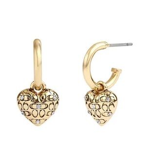 COACH Faux Stone Signature Quilted Heart Charm Huggie Earrings